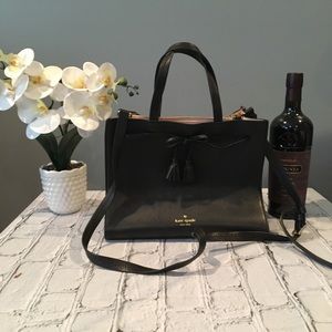 Kate Spade New York Leather Hayes Black Tasseled Bow Satchel Crossbody Bag